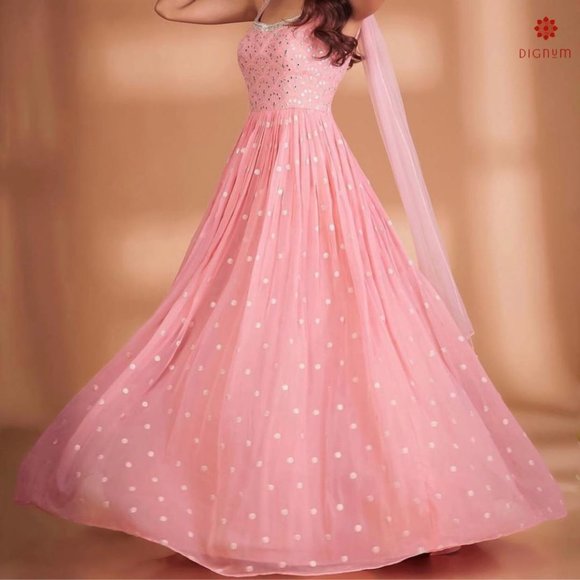 Carnation Pink Designer Partywear Heavy Embroidery Work Gown - Picture 2 of 5